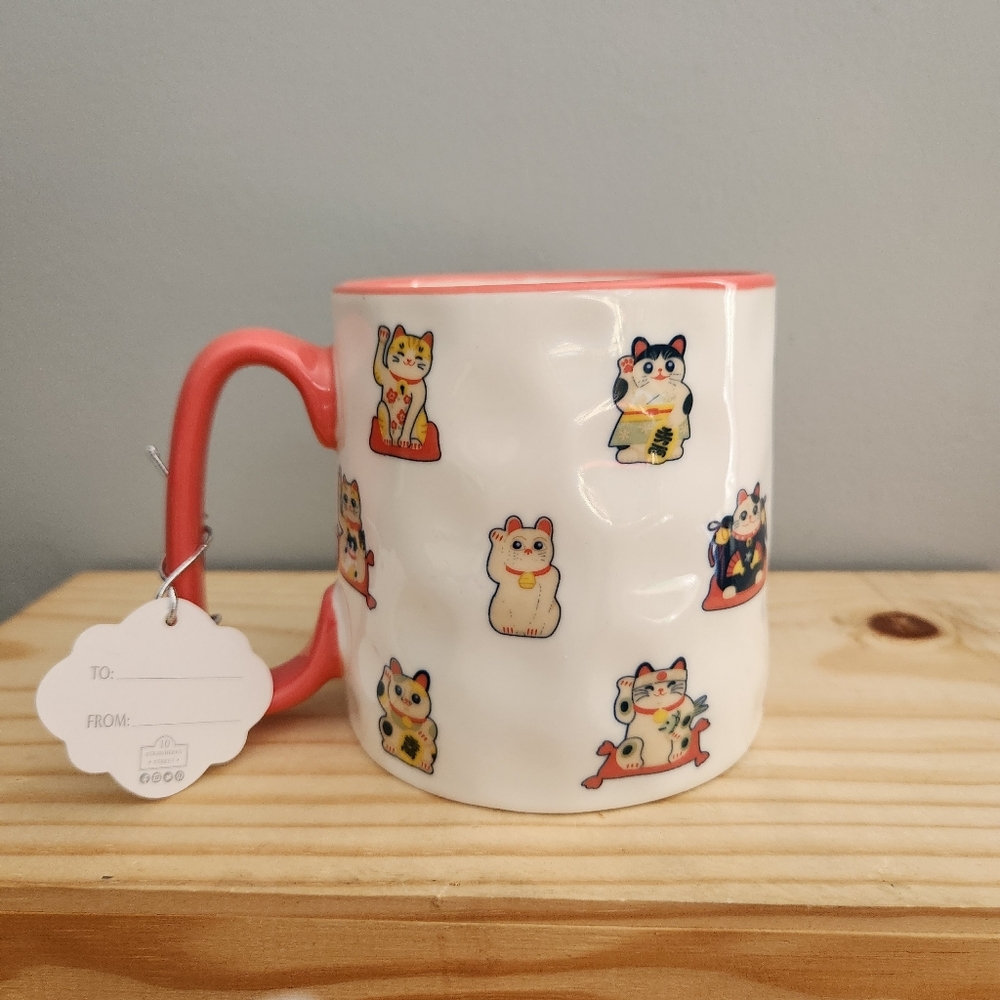 Asian Kitty Cat Cream and Coral Textured Mug by Strawberry Street